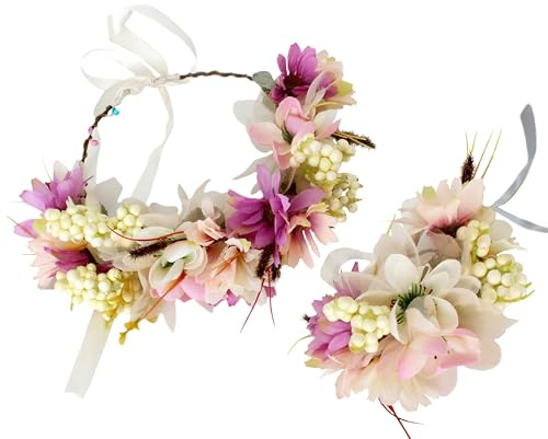 Brikuinr Flower Crowns Women Bridal Floral Headband Halo Headpiece Boho | Hair Wreath with Ribbon for Halloween Renaissance Wedding Party Prom Cosplay Costume, Bridal Shower, Photo Props, Beach
