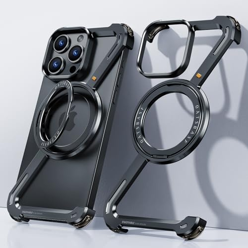 OGRANEE Z Case for iPhone 15 Pro Frameless Metal Phone Case with Magnetic Kickstand 360° Rotatable, Minimalist Bezel Less Slim Hard Shockproof Ultra Thin for iPhone 15Pro with Ring Holder Stand, Black