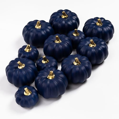 Benjia Kürbis Herbst Dekorationen, Mini Klein Draußen Künstlich Gefälscht Schaum Simulation Kürbis Herbst Bauernhaus Deko für Halloween Thanksgiving Tisch Dekorieren (12 Stück, Blau)