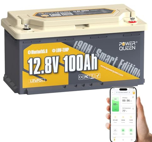 Power Queen Bluetooth Batterie Lithium 12V 100Ah Batterie LiFePO4 avec Protection Low-Temp,BMS Smart 100A,15000 Cycles Profondes Parfait pour Sièges de Camping-Cars de Hauteur 190MM Caravane Fourgon