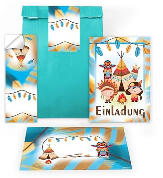 12 Einladungskarten zum Kindergeburtstag Party Einladung Set Geburtstag Mädchen Kinder Jungs Jungen Boys Geschenktüte inkl. 12 Umschläge, 12 Tüten, 12 Aufkleber Indianer Indianerdorf Tipi Powwow