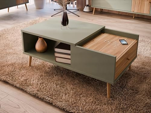 Forte Harllson, einfache Montage Dank EasyKlix Couchtisch mit Schublade, Salbei und Holzdekor: Mauvella Eiche, skandinavischer, moderner Stil, 106 cm breit x 45 cm hoch x 60 cm tief