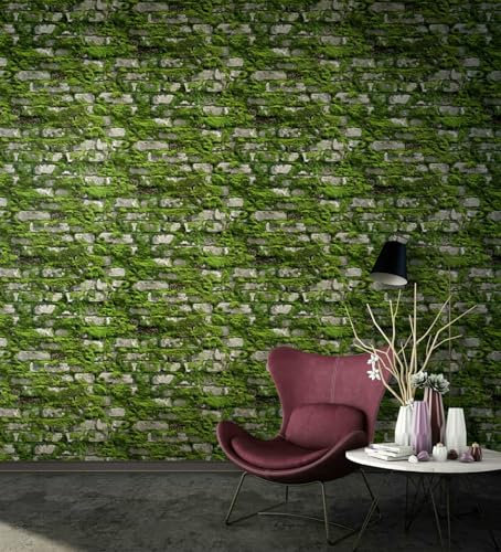 marburg Papier peint intissé vert gris aspect pierre mousse naturel pour salon chambre à coucher fabriqué en Allemagne 10,05 x 0,53 m