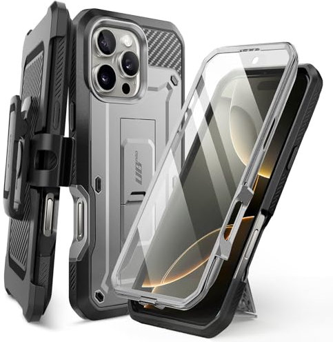 SUPCASE for iPhone 16 Pro Case with Screen Protector (Unicorn Beetle Pro), [Built-in Stand & Belt-Clip] [Military-Grade Protection] Full Body Heavy Duty Phone Case for iPhone 16 Pro 2024 (24TiGray)