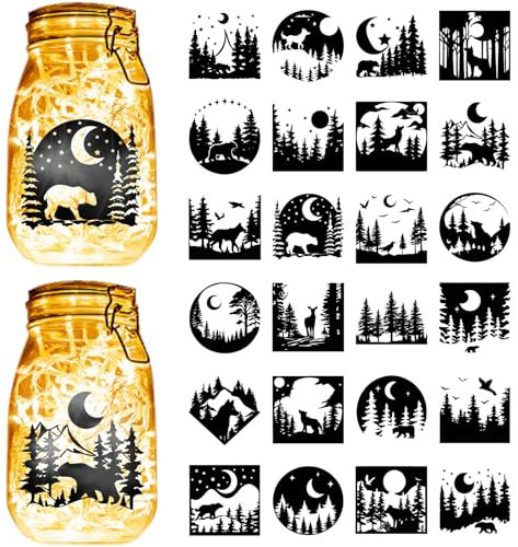 CREATCABIN 24Pcs Halloween Animals Silhouettes Mason Jar Decals Moon Wolf Bear Deer Scrap Booking Stickers Cardboard Making Crafts Laser Cut PVC Waterproof for Lantern Jars DIY Halloween 3.5x3.9 Inch