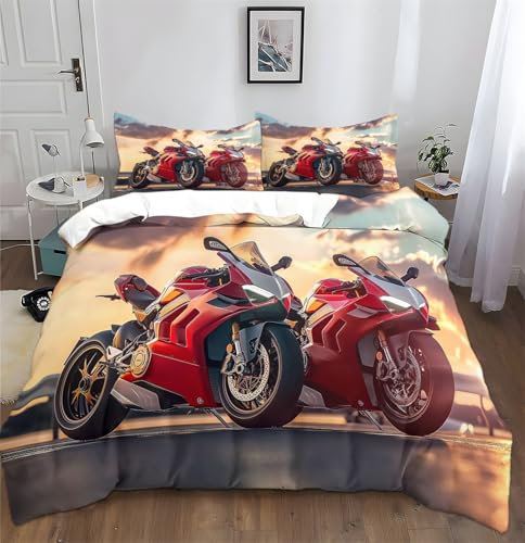Generisch Bedding Bettwäsche-Set 3 teilig-Mikrofaser Bettbezug Set mit Auto Zwei Motorräder 1 Bettbezug 135 x 200 cm + 2 Kopfkissenbezug 80 x 80 cm, Rot