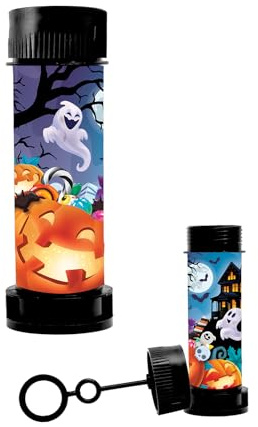 FIESTAS GUIRCA | Seifenblasenflasche Kinder - Halloween-Motiv 14 cm | Blasstab im Deckel | Bunte Grafik | 14 cm Höhe | PVC | Mitternachtsschwarz | Karneval, Fasching