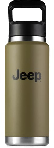 Jeep 750 ml Flasche, vakuumisoliert, Edelstahl mit farblich passendem Strohhalmdeckel, Bonus Jeep Aufkleber (Militärgrün)