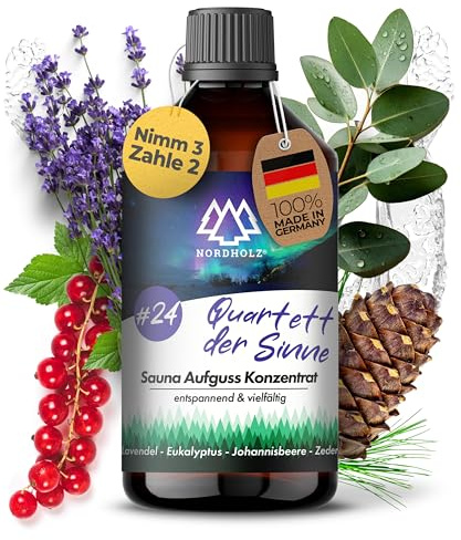 NORDHOLZ® Saunaaufguss 250ml [60 Sorten] Sauna Aufgussmittel Konzentrat | Sauna Duft · #24 Quartett der Sinne · Lavendel, Eukalyptus & Zeder · sanft · Mit ätherischen Ölen · Made in Bayern