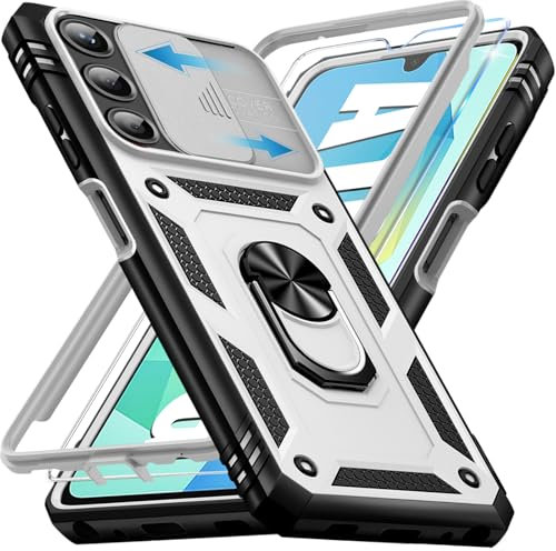 Giyer Panzerhülle für Samsung Galaxy A16 5G Hülle mit Schutzfolie, Handyhülle A16 5G Case mit Kameraschutz 360° Metall Ring Ständer, Stoßfest Schutzhülle für Samsung A16 5G Cover Tasche (Weiß)