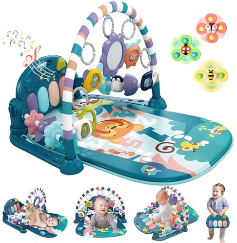 Baby Gym Play Mat, Baby Piano Mat Kick and Play Lights and Music Tummy Time Toys Infant Musical Activity Gym Mat for Visual, Hearing, Sensory, Motor Development Gift for Babies Newborn 0-3-6-12 Months