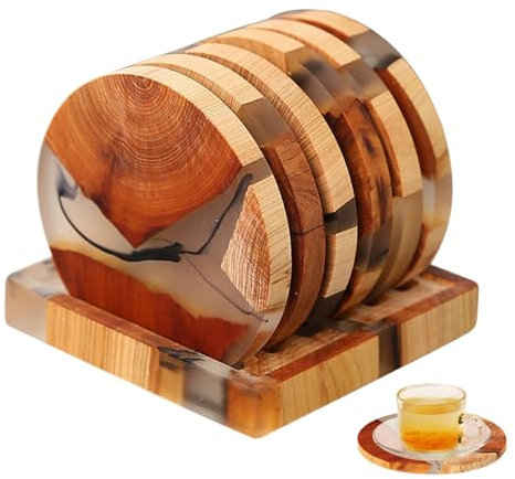 Untersetzer aus , Untersetzer mit Halter, Kunstharz, 6 Stück, Holzuntersetzer für Couchtisch, Esstisch, Schreibtisch zum Schutz der Tischplatte