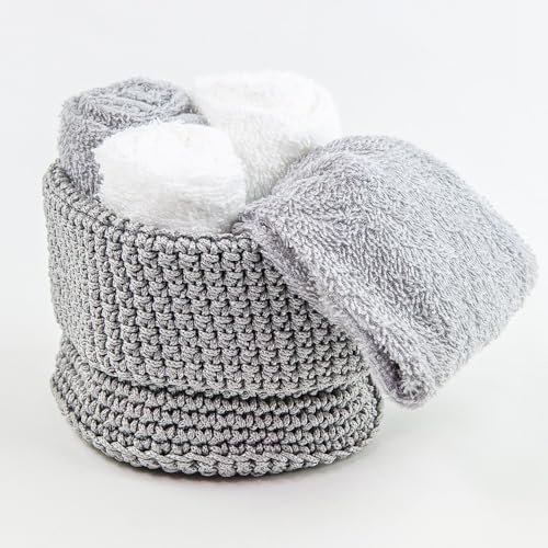 Generico Susanna Home Set 4 Lavette 30x30 - Asciugamano Ospite in Spugna di Cotone - Confezionato in elegante cestino uncinetto (GRIGIO)