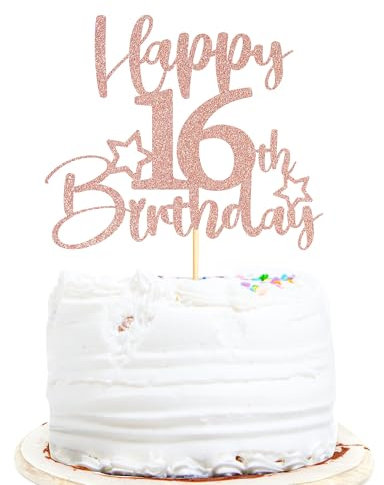 Sotpot 1PC 16th Birthday Cake Topper Double-sided Rose Gold Glitter Cake Topper with Star Pattern Cake Decoration for Happy 16th Birthday Party Decorations Supplies