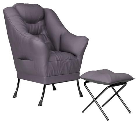 CATAVANA - Fauteuil Design en Velours Gris Foncé avec Repose-Pieds - Idéal pour Lire ou Se Détendre - Structure Métallique Robuste -Assise Confortable -Taille Fauteuil 75x70x104cm, Tabouret 34x34x32cm