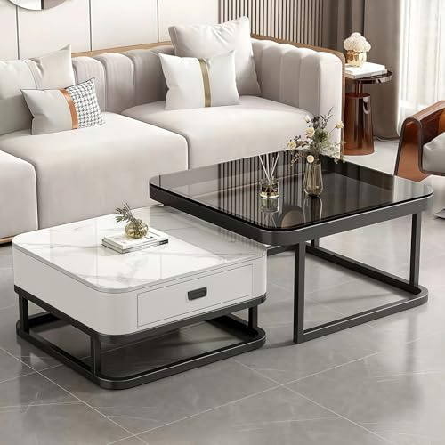 2-in-1 Coffee Table, Square Nest of Tables, Multi-functional Side Table with Storage Drawer, Marble and Tempered Glass Top, Nesting Tables for Living Room Bedroom Apartment,Nesting table