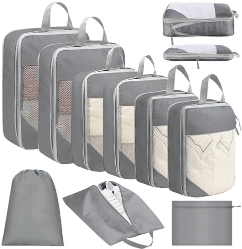 Vautvis Resväskorganiseringsset, 9 stycken packningskuber kompression | Packningskub kompression, resväska arrangör kompression, bagagearrangör, resor Essentials resa camping tillbehör