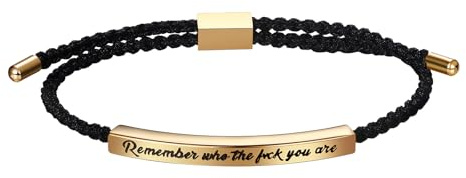 Flongo Inspirierendes Gravur Armband für Freunde: Gold - REMEMBER WHO THE FUCK YOU ARE - Wickelarmband - Verstellbarer Schiebeverschluss Unisex Motivationsarmband Geschenk für Tochter Sohn