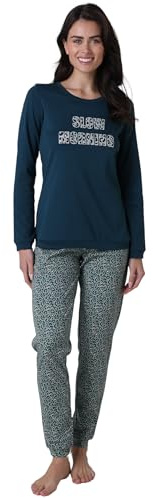 Lovable Pigiama Lungo in Interlock 100% Cotone | Maglia Tinta Unita con Stampa Applicata | Pantaloni Stampati con Polsini | Morbido, Caldo e Traspirante | Donna, Ottanio 3 - M