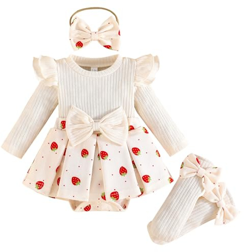 Winmany Baby-Mädchen Erdbeer Strampler mit Sockenschleife Stirnband Neugeborene Langarm Bodysuit Herbst Winter Frühling Jumpsuit Fotografie Requisiten Kleidung, beige, 12-18 Monthes