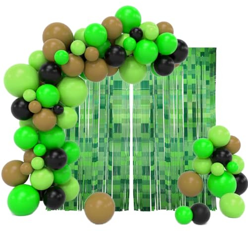 2stk Grüne Pixel Folien Fransen Vorhänge mit 120stk Luftballons, Spiel-Thema Party Dekoration Cartoon Vorhänge Tür Girlanden für Foto Hintergrund Kinder Jungen Gaming Party Zubehör