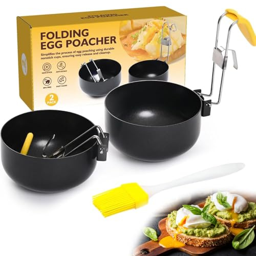2 PCS Stainless Steel Egg Poacher Egg Cooker, Non-Stick Ear Egg Boiler Poached Egg Maker with Collapsible Hang Ear, Egg Poacher Boiled Eggs Maker Cup for Easy Poaching & Healthy Breakfast
