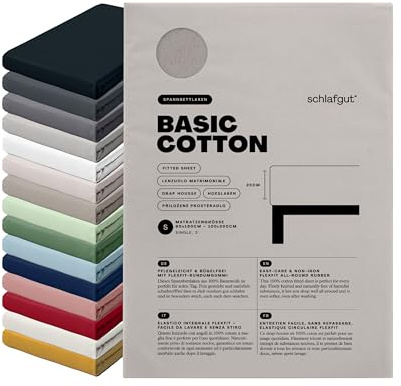 schlafgut Basic Cotton Spannbettlaken 90x200 cm 100% Baumwolle, Sand Mid | Bettlaken, Spannbetttuch 100x200, 90x190 cm, Sand, Jersey, bis 22 cm Steg, Made in Green, atmungsaktiv