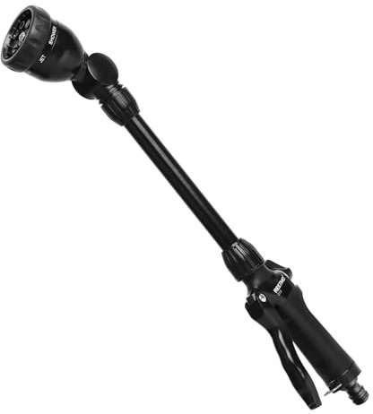 RESTMO Garten Gießstab Metall, 42cm Lang Gartenbrause mit Stiel | 180° schwenkbaren Kopf Stabbrause mit Durchflusskontrolle, 7 Sprühbilder für Blumenampeln und Sträucher,Schimmerndes Schwarz