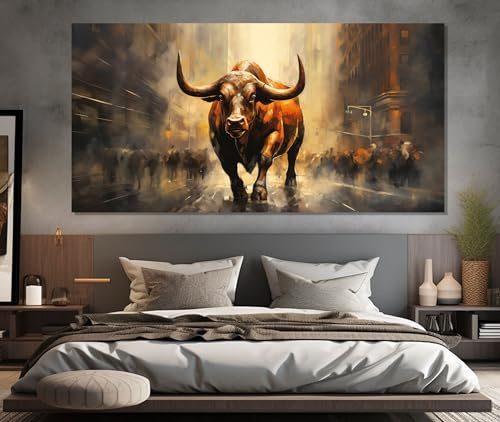 CAOXTART Stier auf der Straße, Gemälde, gedruckt auf Leinwandposter, angreifender Stier als Leinwandbild, für Wohnzimmer, Heimdekorationskunst (30x60cm/Rahmenlos)