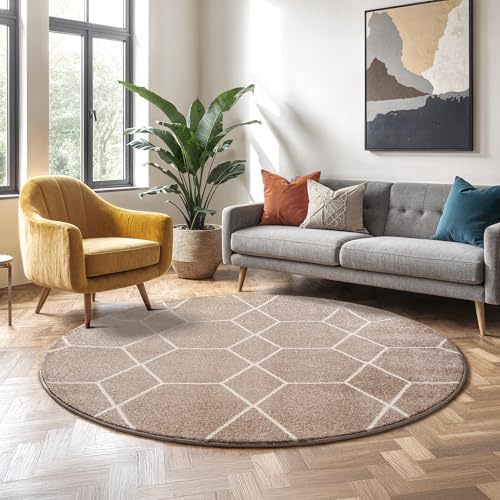 SANAT Wohnzimmerteppich – Pflegeleicht, für jeden Raum geeignet – Öko-Tex zertifizierter Flächenteppich – Trellis Muster, Beige, 120 cm Rund