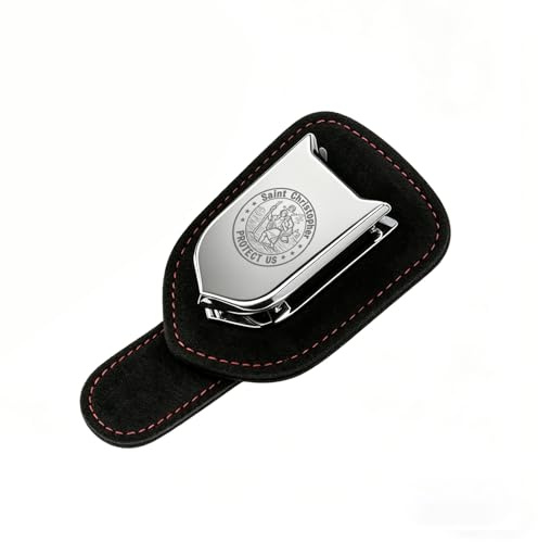 Car Visor Sunglasses Holder & Clip with St. Christopher Engraving - 2 Pack, Leather & Alloy Universal Sun Visor Organiser for Glasses, Tickets, Cards Black
