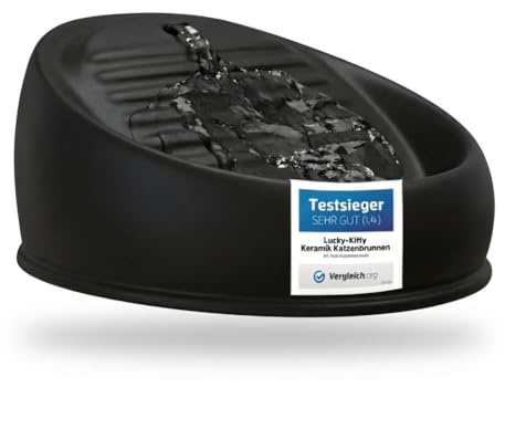 Lucky-Kitty Trinkbrunnen für Katze schwarz I Katzenbrunnen Keramik Handarbeit, hygienisch I Kein Aufladen, kein Filter-Tausch I Trinkbrunnen leise & energiesparend I Wasserspender Katzen plastikfrei