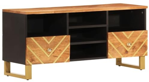 Owoxanthellate Mobile TV in legno massiccio di mango, mobile basso con gambe in ferro, mobile TV per soggiorno, robusto mobile TV dal design industriale, 100 x 33,5 x 46 cm