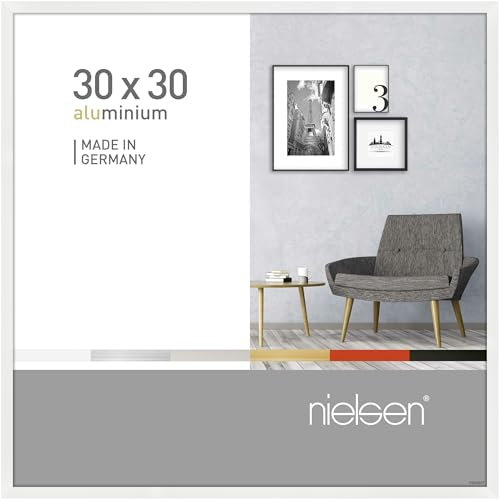 nielsen Bilderrahmen, 30 x 30 cm, Aluminium, Weiß Glanz, Rahmen zum Aufhängen im Hoch- & Querformat, Echtglas, Pixel