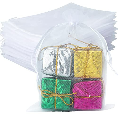 G2PLUS 100 Stück Weiß Organzasäckchen, 13x18 CM Groß Geschenk Organzabeutel, Hochzeit Organza-Beutelchen mit Kordelzug Sie als Hochzeit Bonbonsbeutel, Schmuckbeutel, Geschenkbeutel