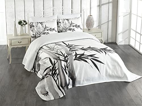 ABAKUHAUS Bambus Tagesdecke Set, Chinesische Kalligraphie, Set mit Kissenbezügen Waschbar, für Doppelbetten 220 x 220 cm, Holzkohle grau weiß
