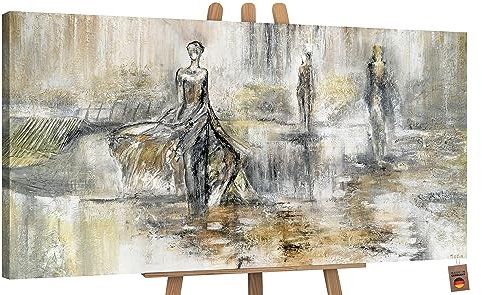 YS-Art Abstrakt Acryl Gemälde auf Leinwand handgemalt Modenschau Wandbilder Wohnzimmer Moderne grau beige braun Retro Wohndekor Bilder echte Kunst 140x70 cm