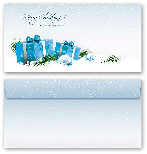 Briefumschläge Weihnachten, BLAUE WEIHNACHTSGESCHENKE 10 Briefumschläge (ohne Fenster) DIN LANG (220x110 mm) | Paper-Media