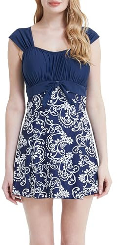 Wantdo Traje de Baño de Una Pieza para Mujer Talla Grande con Falda Cover Up Control Traje de Baño Bañador Verano Conjunto de Bikini Vestido para Playa Mar Piscina Azul Oscuro 56-58