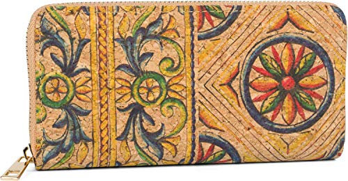 styleBREAKER Damen Geldbörse aus Kork mit Buntem Muster Print im Ethno Look, Reißverschluss, Portemonnaie 02040138, Farbe:Blau-Gelb-Grün
