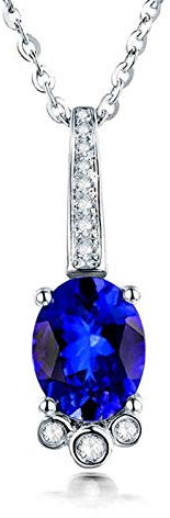 KnSam 18K White Gold Necklace, Oval Cut Blue Tanzanite 1.565ct IF and 0.08ct Diamond Silver