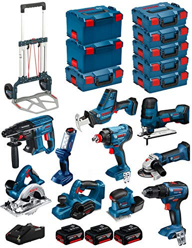 BOSCH Kit 18V BK1002 (GST 18V-LI S +GKS 18V-LI +GBH 18V-21 +GWS 18-125V-LI +GSR 18V-55 +GSA 18V-LI C +GDX 18V-180 +GLI 18V-300 +GHO 18V-LI +GSS 18V-10 + 3 Batteries 5,0Ah +Chargeur +8xL-Boxx +Caddy)