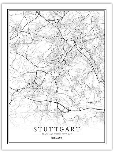 SONG Leinwand Bild, Deutschland Stuttgart Stadtplan Schwarz Weiß Einfache Minimalistische Kunst Wandbild Poster Rahmen Weniger Bild, Moderne Vertikale Malerei Cafe Büro Büro Dekor,20 * 30cm