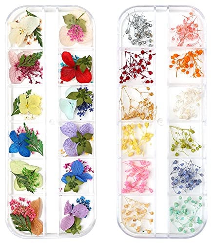 iFancer Dried Flowers for Resin Nail Art 3D Small Tiny Real Natural Mini Pressed Dry Flowers for Nails DIY Crafting Decoration Supplies (2 Boxes, 180 Pcs, 37 Colors)