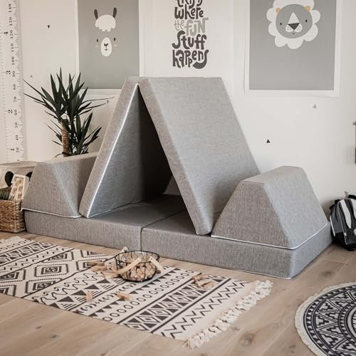 Sweet Home from wood Monboxy Aktivitätsmatratze - Plüsch-Schaumstoff-Couch mit 2 Kissen - Sofa zum Spielen & Schlafen - Sitzkissen mit abnehmbaren, robusten Bezügen - Kindermöbel, Schlafsofa (Grau)