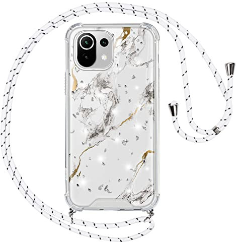 Vauki Handykette für Xiaomi 11 Lite 4G/5G/NE Hülle mit Band,Silikon Durchsichtig Marmor Glitzer Motiv Transparent Stoßfest Bumper mit Kette Kordel zum Umhängen Handyhülle für Xiaomi 11 Lite,Weiß