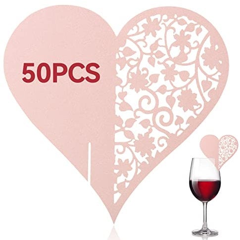 HERCHR 50 Tarjetas de Invitados de Boda para Copa,Forma de corazón Hueco de Boda Recepción Tarjetas, Cortadas con láser Tarjetas de Nombre para Mesa de Vino para cenas, Tarjetas de Asiento(Rosado)