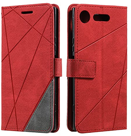 SONWO Hülle für Sony Xperia XZ1, Premium Leder PU Handyhülle Flip Case Wallet Silikon Bumper Schutzhülle Klapphülle für Sony Xperia XZ1, Rot