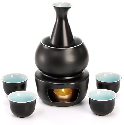 Foraineam Ceramic Sake Set with Warmer, Japanese Style Porcelain Hot Saki Drink Warmer Set, 7 Pieces Gift Set Including 1 Stove, 1 Warming Bowl, 1 Sake Bottle, 4 Sake Cups