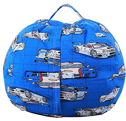 Treer Spielzeug Aufbewharungstasche Kinder Sitzsack Aufbewahrung für Kuscheltier, Kleidung & Täglichen, Drucken Sitzsackhülle mit Reißverschlus, umwandelbar in Kindersessel (Blaues Auto,18)